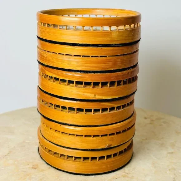 Set 6 Vintage Wood Coasters Pressed Butterflies 1970s Boho Wicker Rattan‎ - Picture 6 of 13